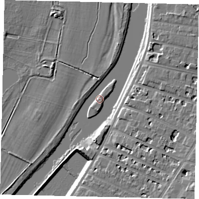 Shaded relief map of the ground around KT64HN, computed from Environment Agency LiDAR. The ground here sits at about 6 m above sea level and falls 12 m across the surrounding 800 m. Surface water reaching this point runs off ground lying to the south-east, 2.3 m higher.