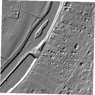 Shaded relief map of the ground around KT64JA, computed from Environment Agency LiDAR. The ground here sits at about 9 m above sea level and falls 15 m across the surrounding 800 m. Surface water reaching this point runs off ground lying to the south-east, 10.0 m higher.