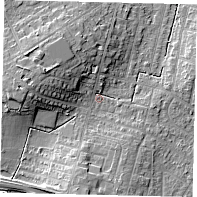Shaded relief map of the ground around KT65AF, computed from Environment Agency LiDAR. The ground here sits at about 28 m above sea level and falls 15 m across the surrounding 800 m. Surface water reaching this point runs off ground lying to the west-north-west, 11.3 m higher.
