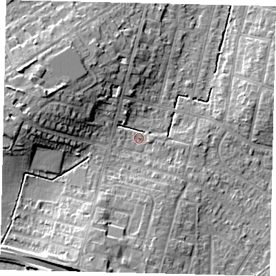 Shaded relief map of the ground around KT65AG, computed from Environment Agency LiDAR. The ground here sits at about 27 m above sea level and falls 15 m across the surrounding 800 m. Surface water reaching this point runs off ground lying to the west-north-west, 12.1 m higher.