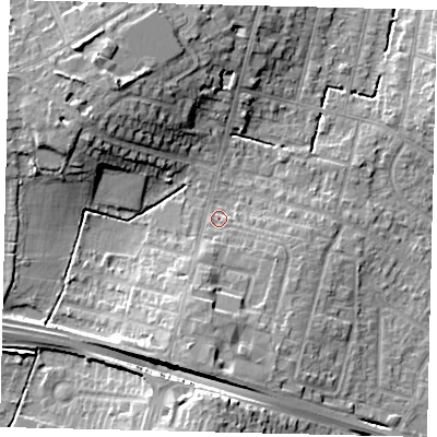 Shaded relief map of the ground around KT65AH, computed from Environment Agency LiDAR. The ground here sits at about 29 m above sea level and falls 16 m across the surrounding 800 m. Surface water reaching this point runs off ground lying to the south-south-west, 7.3 m higher.