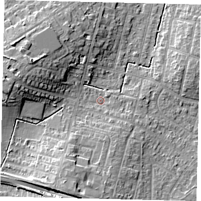 Shaded relief map of the ground around KT65AQ, computed from Environment Agency LiDAR. The ground here sits at about 27 m above sea level and falls 15 m across the surrounding 800 m. Surface water reaching this point runs off ground lying to the west-north-west, 11.3 m higher.