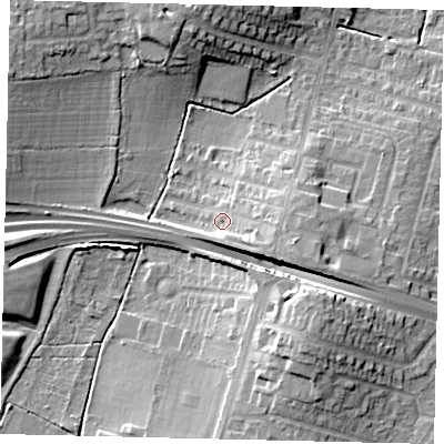 Shaded relief map of the ground around KT65AU, computed from Environment Agency LiDAR. The ground here sits at about 31 m above sea level and falls 15 m across the surrounding 800 m. Surface water reaching this point runs off ground lying to the south-east, 5.8 m higher.