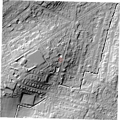 Shaded relief map of the ground around KT65BH, computed from Environment Agency LiDAR. The ground here sits at about 31 m above sea level and falls 16 m across the surrounding 800 m. Surface water reaching this point runs off ground lying to the west, 2.8 m higher.