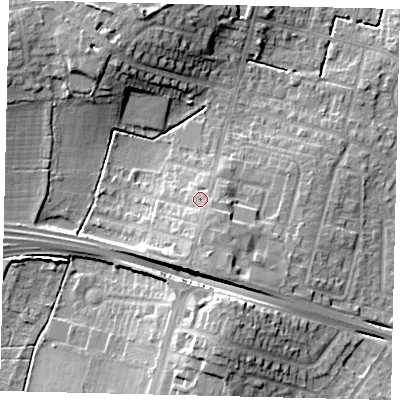 Shaded relief map of the ground around KT65BZ, computed from Environment Agency LiDAR. The ground here sits at about 33 m above sea level and falls 15 m across the surrounding 800 m. Surface water reaching this point runs off ground lying to the south-south-east, 4.1 m higher.