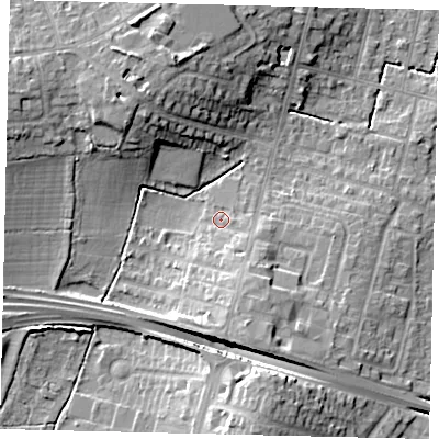 Shaded relief map of the ground around KT65DB, computed from Environment Agency LiDAR. The ground here sits at about 29 m above sea level and falls 15 m across the surrounding 800 m. Surface water reaching this point runs off ground lying to the south-south-east, 7.5 m higher.