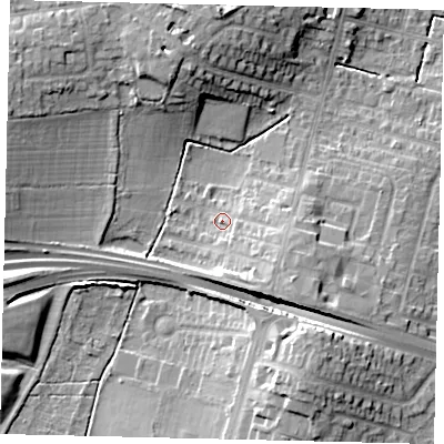 Shaded relief map of the ground around KT65DD, computed from Environment Agency LiDAR. The ground here sits at about 30 m above sea level and falls 15 m across the surrounding 800 m. Surface water reaching this point runs off ground lying to the south-east, 7.5 m higher.
