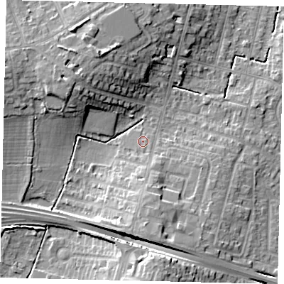Shaded relief map of the ground around KT65DF, computed from Environment Agency LiDAR. The ground here sits at about 28 m above sea level and falls 16 m across the surrounding 800 m. Surface water reaching this point runs off ground lying to the south, 1.7 m higher.