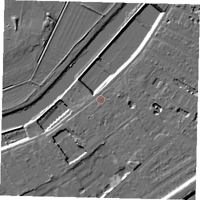 Shaded relief map of the ground around KT65PJ, computed from Environment Agency LiDAR. The ground here sits at about 10 m above sea level and falls 18 m across the surrounding 800 m. Surface water reaching this point runs off ground lying to the south-east, 11.3 m higher.