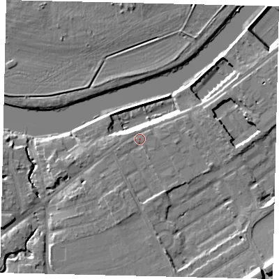 Shaded relief map of the ground around KT65PZ, computed from Environment Agency LiDAR. The ground here sits at about 10 m above sea level and falls 17 m across the surrounding 800 m. Surface water reaching this point runs off ground lying to the east-south-east, 1.7 m higher.