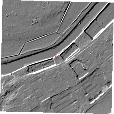 Shaded relief map of the ground around KT65QD, computed from Environment Agency LiDAR. The ground here sits at about 9 m above sea level and falls 14 m across the surrounding 800 m. Surface water reaching this point runs off ground lying to the south-east, 1.4 m higher.