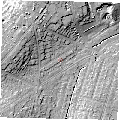 Shaded relief map of the ground around KT66JJ, computed from Environment Agency LiDAR. The ground here sits at about 25 m above sea level and falls 14 m across the surrounding 800 m. Surface water reaching this point runs off ground lying to the west, 9.7 m higher.