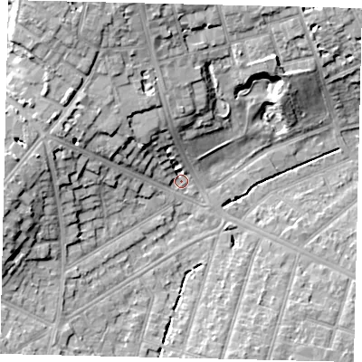 Shaded relief map of the ground around KT66JR, computed from Environment Agency LiDAR. The ground here sits at about 24 m above sea level and falls 16 m across the surrounding 800 m. Surface water reaching this point runs off ground lying to the north-north-west, 12.6 m higher.