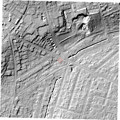 Shaded relief map of the ground around KT66LA, computed from Environment Agency LiDAR. The ground here sits at about 23 m above sea level and falls 15 m across the surrounding 800 m. Surface water reaching this point runs off ground lying to the west-north-west, 12.5 m higher.