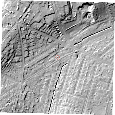 Shaded relief map of the ground around KT66QZ, computed from Environment Agency LiDAR. The ground here sits at about 24 m above sea level and falls 14 m across the surrounding 800 m. Surface water reaching this point runs off ground lying to the south-west, 12.5 m higher.