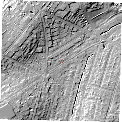 Shaded relief map of the ground around KT66RB, computed from Environment Agency LiDAR. The ground here sits at about 25 m above sea level and falls 15 m across the surrounding 800 m. Surface water reaching this point runs off ground lying to the south-west, 11.2 m higher.