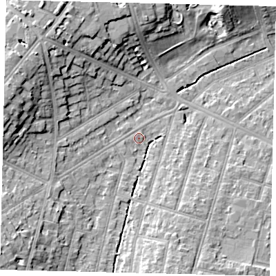 Shaded relief map of the ground around KT66RE, computed from Environment Agency LiDAR. The ground here sits at about 24 m above sea level and falls 14 m across the surrounding 800 m. Surface water reaching this point runs off ground lying to the south-west, 7.6 m higher.