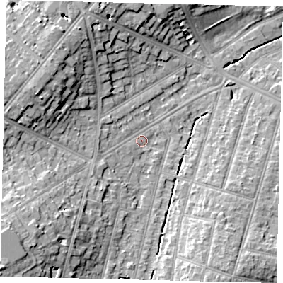Shaded relief map of the ground around KT66RF, computed from Environment Agency LiDAR. The ground here sits at about 25 m above sea level and falls 16 m across the surrounding 800 m. Surface water reaching this point runs off ground lying to the south-south-east, 0.8 m higher.