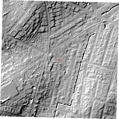 Shaded relief map of the ground around KT66RR, computed from Environment Agency LiDAR. The ground here sits at about 25 m above sea level and falls 17 m across the surrounding 800 m. Surface water reaching this point runs off ground lying to the west-south-west, 3.4 m higher.