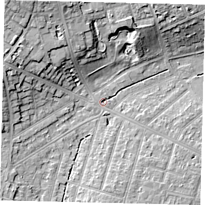 Shaded relief map of the ground around KT67AA, computed from Environment Agency LiDAR. The ground here sits at about 22 m above sea level and falls 16 m across the surrounding 800 m. The ground contributing surface water to this point lies to the west.