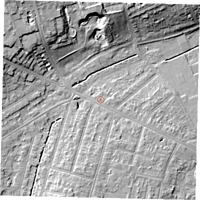 Shaded relief map of the ground around KT67AB, computed from Environment Agency LiDAR. The ground here sits at about 24 m above sea level and falls 15 m across the surrounding 800 m. Surface water reaching this point runs off ground lying to the south-south-west, 4.9 m higher.