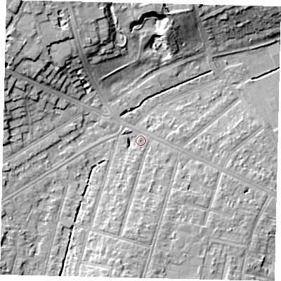 Shaded relief map of the ground around KT67AG, computed from Environment Agency LiDAR. The ground here sits at about 24 m above sea level and falls 15 m across the surrounding 800 m. Surface water reaching this point runs off ground lying to the south, 5.8 m higher.