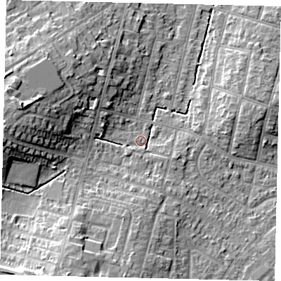 Shaded relief map of the ground around KT67SF, computed from Environment Agency LiDAR. The ground here sits at about 27 m above sea level and falls 15 m across the surrounding 800 m. Surface water reaching this point runs off ground lying to the south-south-east, 3.5 m higher.