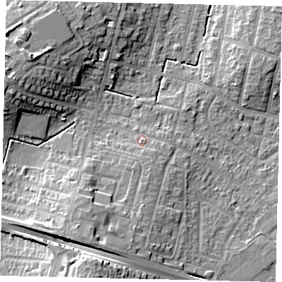 Shaded relief map of the ground around KT67SR, computed from Environment Agency LiDAR. The ground here sits at about 29 m above sea level and falls 16 m across the surrounding 800 m. Surface water reaching this point runs off ground lying to the south-south-east, 2.2 m higher.