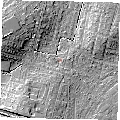 Shaded relief map of the ground around KT67ST, computed from Environment Agency LiDAR. The ground here sits at about 28 m above sea level and falls 15 m across the surrounding 800 m. Surface water reaching this point runs off ground lying to the south, 1.7 m higher.