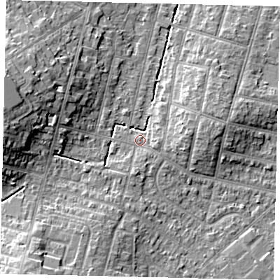 Shaded relief map of the ground around KT67TJ, computed from Environment Agency LiDAR. The ground here sits at about 27 m above sea level and falls 13 m across the surrounding 800 m. Surface water reaching this point runs off ground lying to the south, 1.9 m higher.