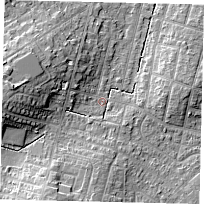 Shaded relief map of the ground around KT67TL, computed from Environment Agency LiDAR. The ground here sits at about 26 m above sea level and falls 15 m across the surrounding 800 m. Surface water reaching this point runs off ground lying to the west, 12.9 m higher.