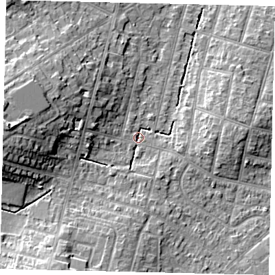 Shaded relief map of the ground around KT67TN, computed from Environment Agency LiDAR. The ground here sits at about 25 m above sea level and falls 15 m across the surrounding 800 m. Surface water reaching this point runs off ground lying to the west, 13.2 m higher.