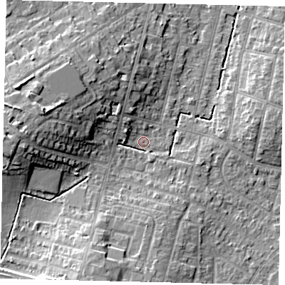 Shaded relief map of the ground around KT67TT, computed from Environment Agency LiDAR. The ground here sits at about 27 m above sea level and falls 15 m across the surrounding 800 m. Surface water reaching this point runs off ground lying to the west-north-west, 12.2 m higher.