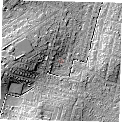 Shaded relief map of the ground around KT67TW, computed from Environment Agency LiDAR. The ground here sits at about 27 m above sea level and falls 16 m across the surrounding 800 m. Surface water reaching this point runs off ground lying to the west, 11.7 m higher.