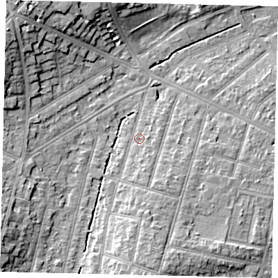Shaded relief map of the ground around KT67TX, computed from Environment Agency LiDAR. The ground here sits at about 25 m above sea level and falls 13 m across the surrounding 800 m. Surface water reaching this point runs off ground lying to the south, 2.6 m higher.