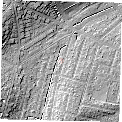 Shaded relief map of the ground around KT67TY, computed from Environment Agency LiDAR. The ground here sits at about 25 m above sea level and falls 13 m across the surrounding 800 m. Surface water reaching this point runs off ground lying to the south-south-west, 2.7 m higher.