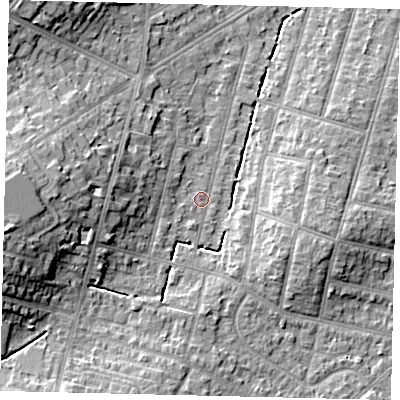 Shaded relief map of the ground around KT67UJ, computed from Environment Agency LiDAR. The ground here sits at about 26 m above sea level and falls 14 m across the surrounding 800 m. Surface water reaching this point runs off ground lying to the west, 11.8 m higher.