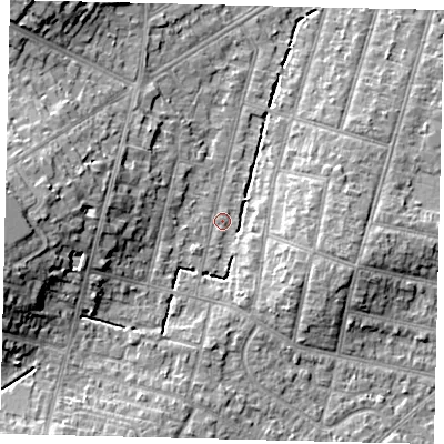 Shaded relief map of the ground around KT67UL, computed from Environment Agency LiDAR. The ground here sits at about 26 m above sea level and falls 13 m across the surrounding 800 m. Surface water reaching this point runs off ground lying to the west, 10.6 m higher.