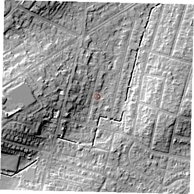 Shaded relief map of the ground around KT67UQ, computed from Environment Agency LiDAR. The ground here sits at about 26 m above sea level and falls 16 m across the surrounding 800 m. Surface water reaching this point runs off ground lying to the west-north-west, 3.9 m higher.