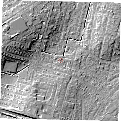 Shaded relief map of the ground around KT67UU, computed from Environment Agency LiDAR. The ground here sits at about 28 m above sea level and falls 15 m across the surrounding 800 m. Surface water reaching this point runs off ground lying to the south-south-east, 1.8 m higher.