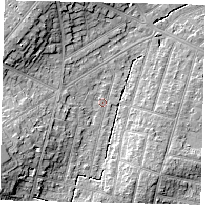 Shaded relief map of the ground around KT67UW, computed from Environment Agency LiDAR. The ground here sits at about 25 m above sea level and falls 14 m across the surrounding 800 m. Surface water reaching this point runs off ground lying to the west-south-west, 11.9 m higher.