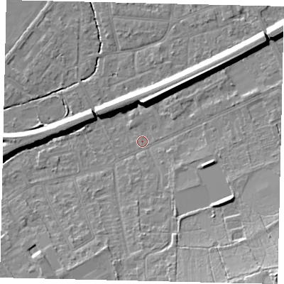 Shaded relief map of the ground around KT70AB, computed from Environment Agency LiDAR. The ground here sits at about 11 m above sea level and falls 18 m across the surrounding 800 m. Surface water reaching this point runs off ground lying to the south-east, 14.7 m higher.