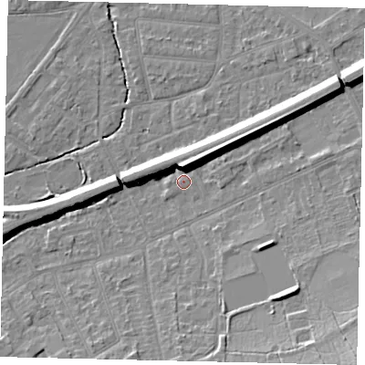 Shaded relief map of the ground around KT70AF, computed from Environment Agency LiDAR. The ground here sits at about 11 m above sea level and falls 14 m across the surrounding 800 m. Surface water reaching this point runs off ground lying to the north, 9.1 m higher.