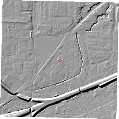 Shaded relief map of the ground around KT70AS, computed from Environment Agency LiDAR. The ground here sits at about 11 m above sea level and falls 13 m across the surrounding 800 m. Surface water reaching this point runs off ground lying to the south-south-west, 1.5 m higher.