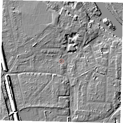 Shaded relief map of the ground around KT70AW, computed from Environment Agency LiDAR. The ground here sits at about 9 m above sea level and falls 12 m across the surrounding 800 m. Surface water reaching this point runs off ground lying to the west-north-west, 2.9 m higher.