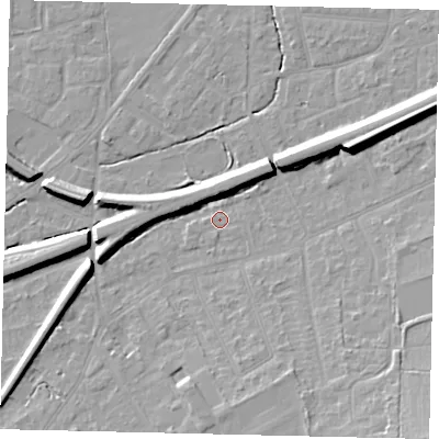 Shaded relief map of the ground around KT70BG, computed from Environment Agency LiDAR. The ground here sits at about 11 m above sea level and falls 12 m across the surrounding 800 m. Surface water reaching this point runs off ground lying to the west-south-west, 7.0 m higher.