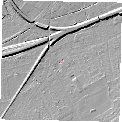 Shaded relief map of the ground around KT70BH, computed from Environment Agency LiDAR. The ground here sits at about 12 m above sea level and falls 12 m across the surrounding 800 m. Surface water reaching this point runs off ground lying to the south-east, 4.4 m higher.