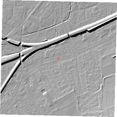 Shaded relief map of the ground around KT70BQ, computed from Environment Agency LiDAR. The ground here sits at about 11 m above sea level and falls 15 m across the surrounding 800 m. Surface water reaching this point runs off ground lying to the south, 4.4 m higher.