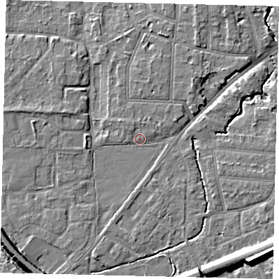 Shaded relief map of the ground around KT70BT, computed from Environment Agency LiDAR. The ground here sits at about 10 m above sea level and falls 14 m across the surrounding 800 m. Surface water reaching this point runs off ground lying to the south-west, 7.2 m higher.