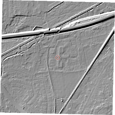 Shaded relief map of the ground around KT70DJ, computed from Environment Agency LiDAR. The ground here sits at about 12 m above sea level and falls 8 m across the surrounding 800 m. Surface water reaching this point runs off ground lying to the south-south-east, 1.0 m higher.